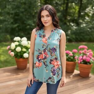 41 Hawthorn MIX Sleeveless Blouse Teal Floral Boho Lightweight Rayon Small